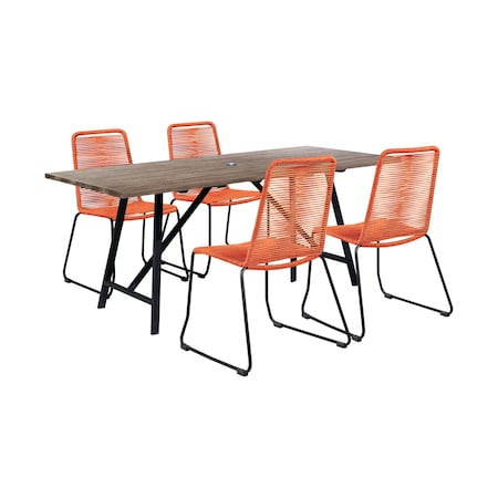 Armen Living Koala and Shasta 5 Piece Outdoor Patio Dining Set in Light Eucalyptus Wood and Tangerine Rope 840254336414